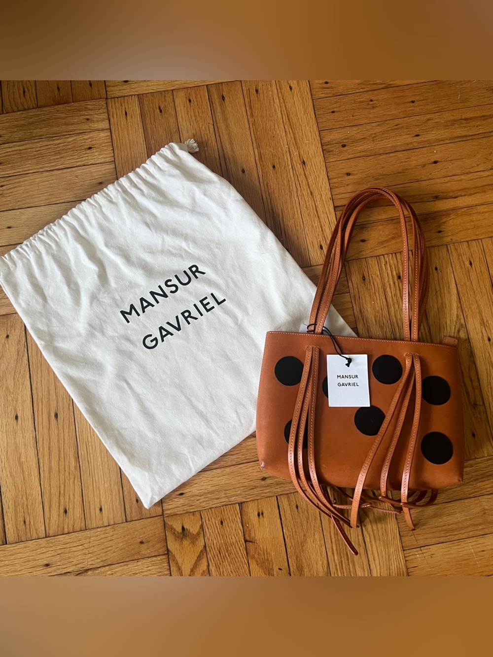 Mansur Gavriel Tan Leather Shoulder Bag with Black Polka Dots